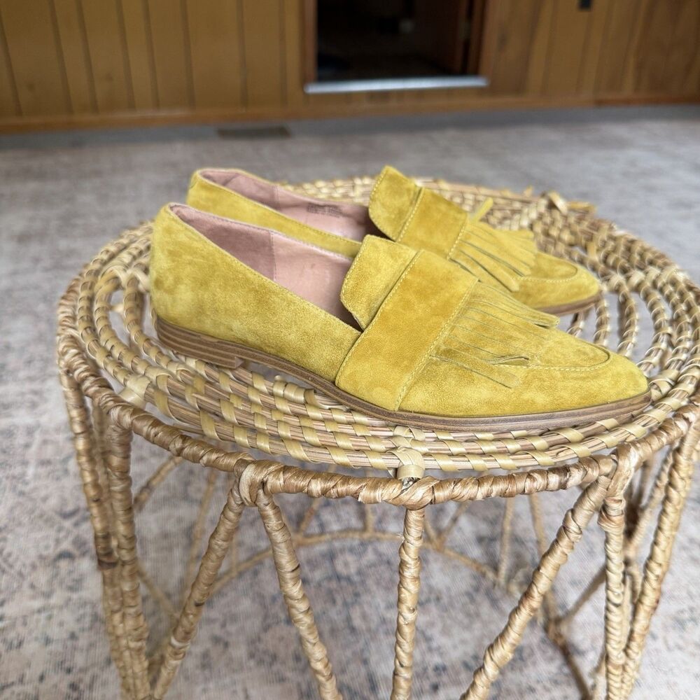 Matiko Anthropologie Suede Leather Loafers Mustard Size 38 Fringe Pointed Toe - Picture 6 of 10